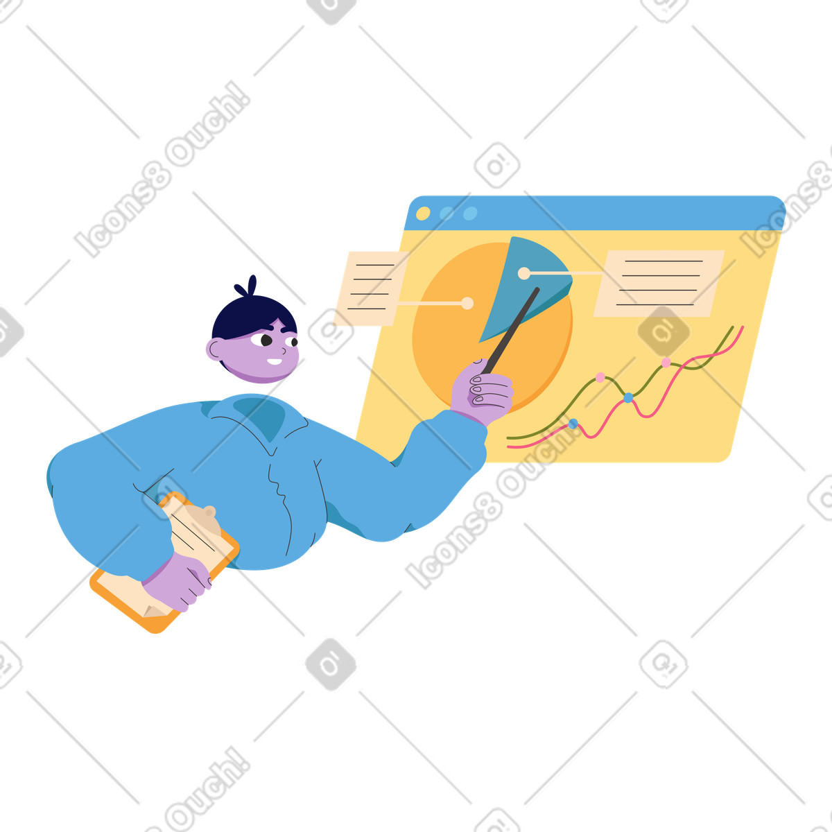 Mann mit einem zeiger, der analysen durchführt-Illustration im Dizzy-Stil als Download in PNG, SVG