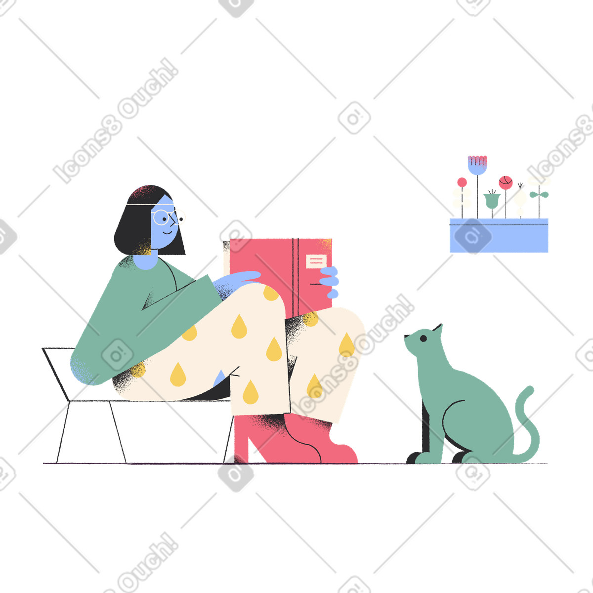Pablo スタイルの 猫と一緒に家で読書をする女性 のイラストをPNG、SVG形式でダウンロード