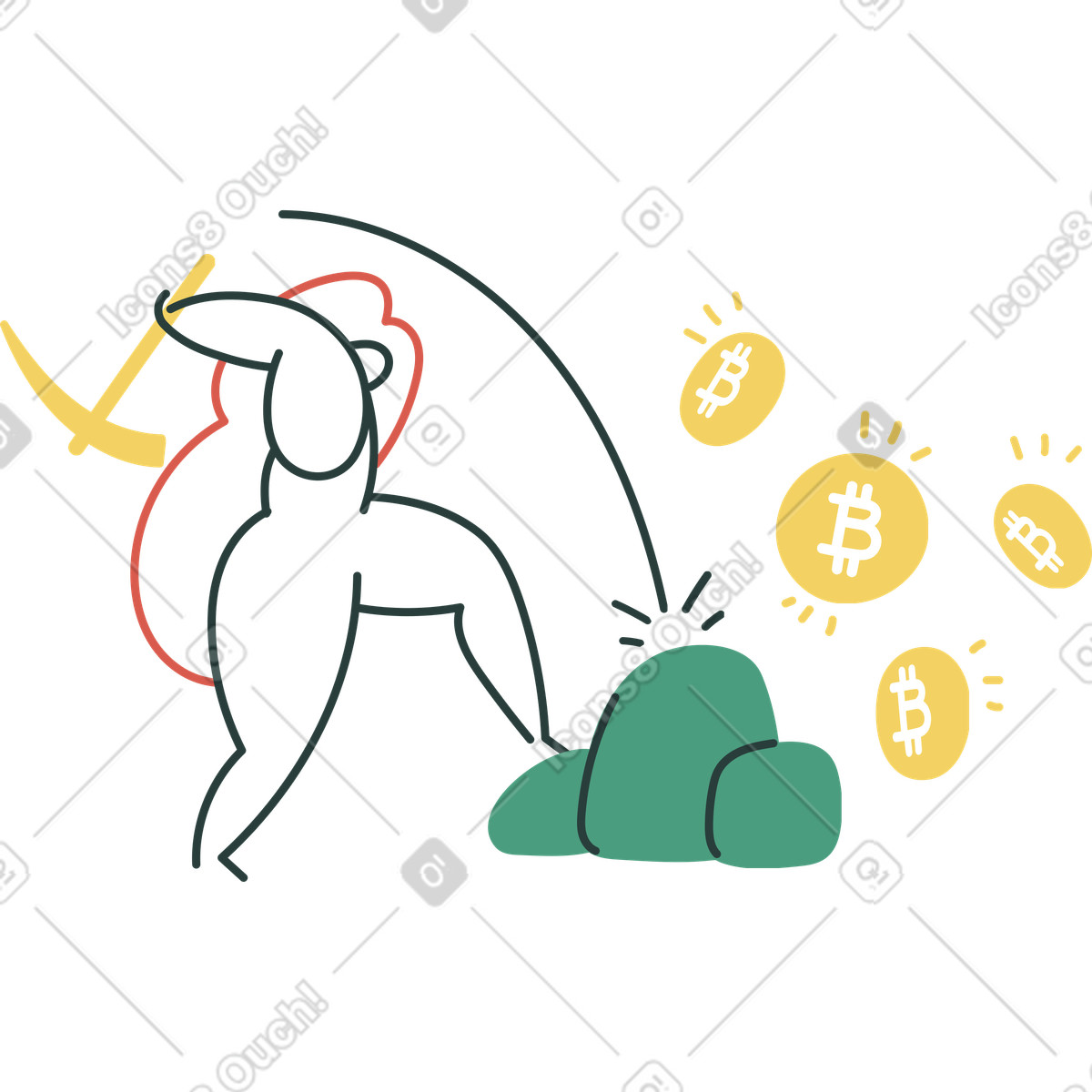 Mining cryptocurrency with pickaxe, Digital currency creation and investment illustrazione in stile Macaroni scarica in PNG, SVG