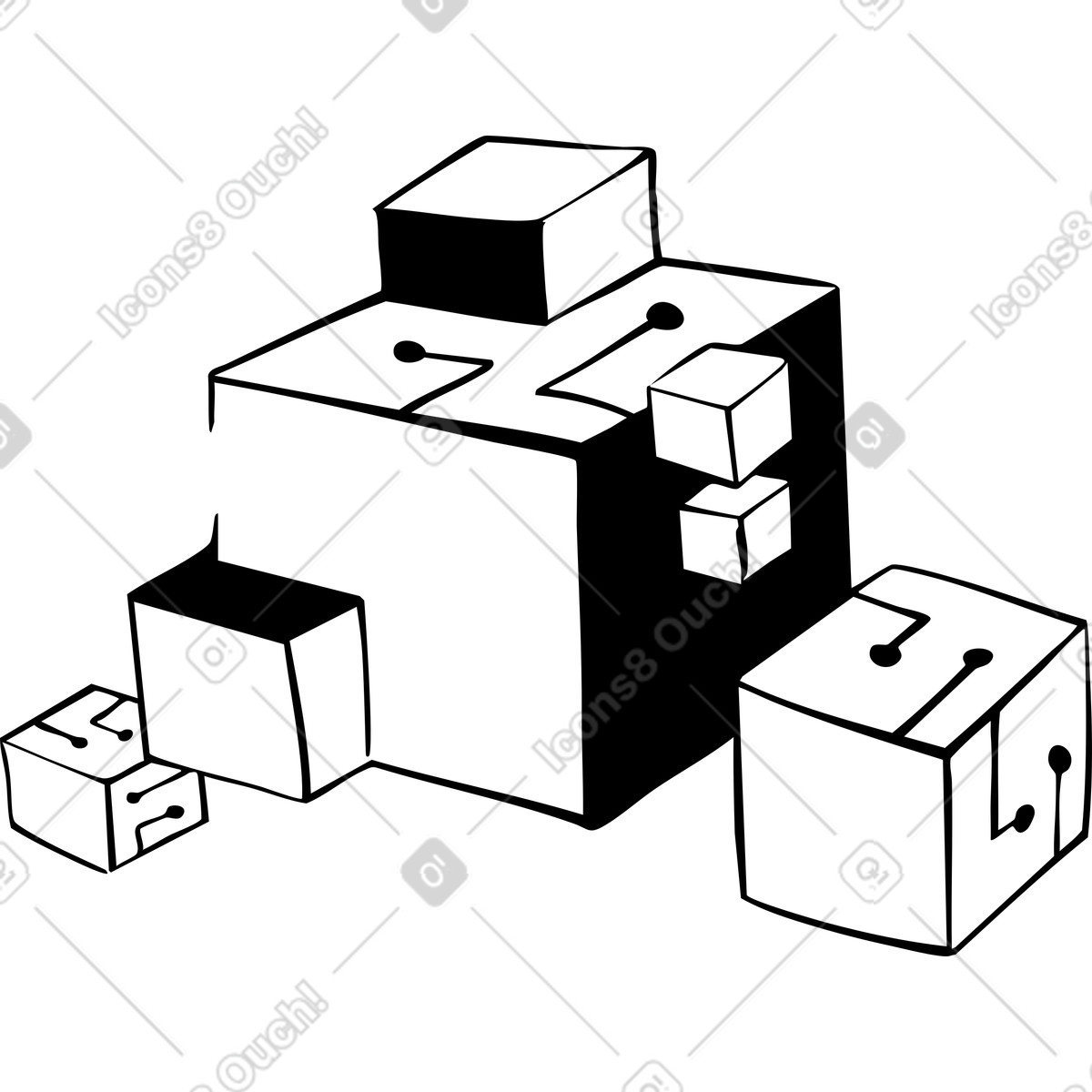 Digitale würfel mit schaltkreisen und modularen teilen-Illustration im Line-Stil als Download in PNG, SVG
