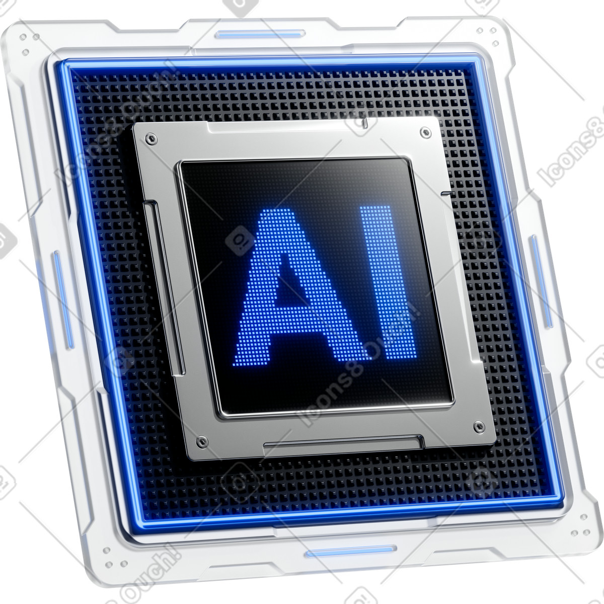 Processor chip with glowing ai letters and metallic circuit frame-Illustration im 3D Pro-Stil als Download in PNG, SVG
