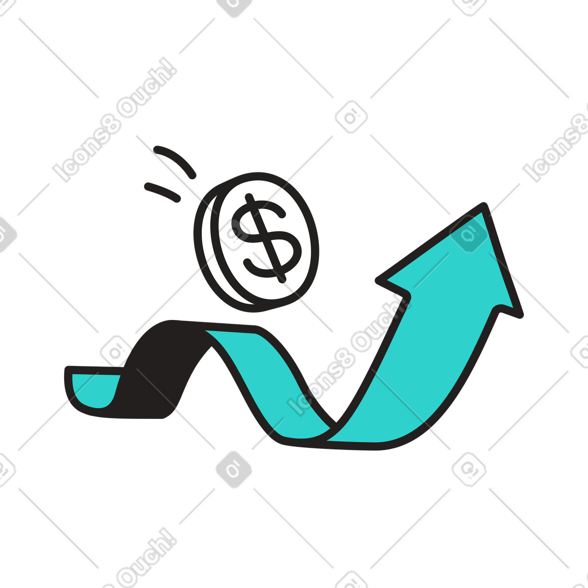 Illustration Pièce d'un dollar avec une flèche courbée, variation du taux de change dans le style Little à télécharger aux formats PNG, SVG
