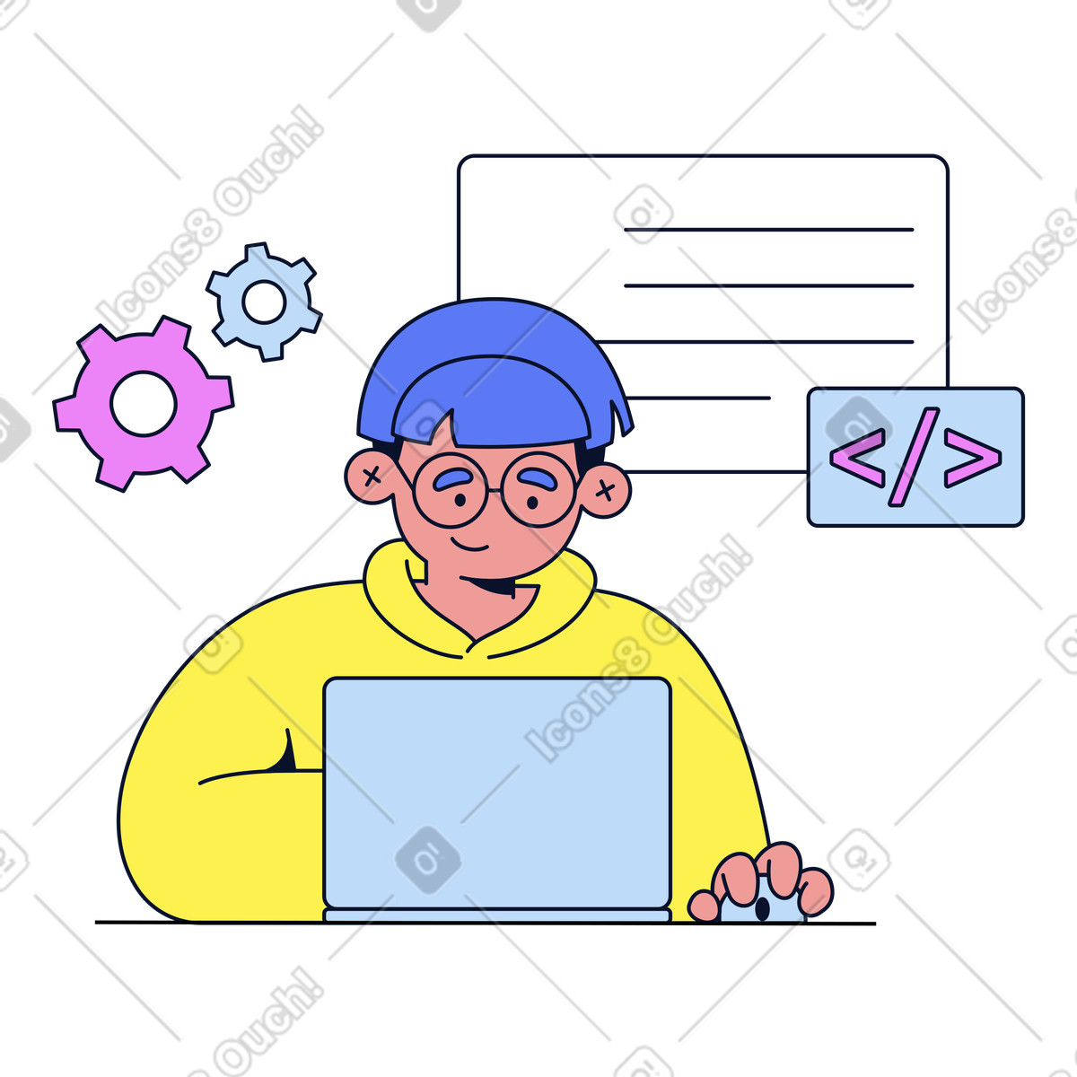 Illustration Developer coding at laptop, Software programming and web development dans le style Flexy à télécharger aux formats PNG, SVG