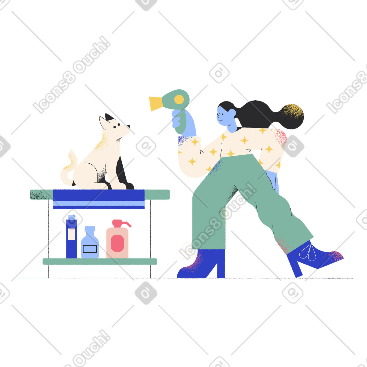 Groomer drying dog with hairdryer illustration in Pablo style download in PNG, SVG