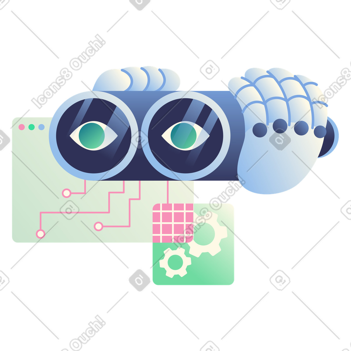 Ilustração de Mãos robóticas segurando binóculos com circuitos digitais, análise visual com tecnologia de ia, pesquisa de ia em PNG e SVG