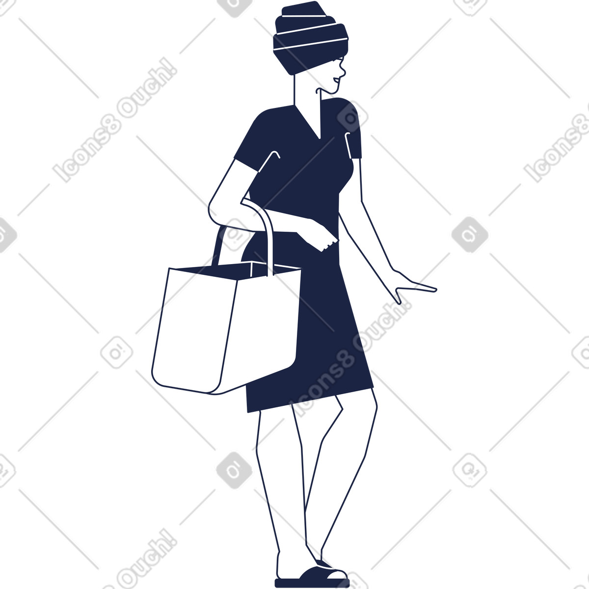 下载 Urban Line 风格的 身着深蓝色裙子提着包的非洲女人 插画，支持 PNG、SVG 格式
