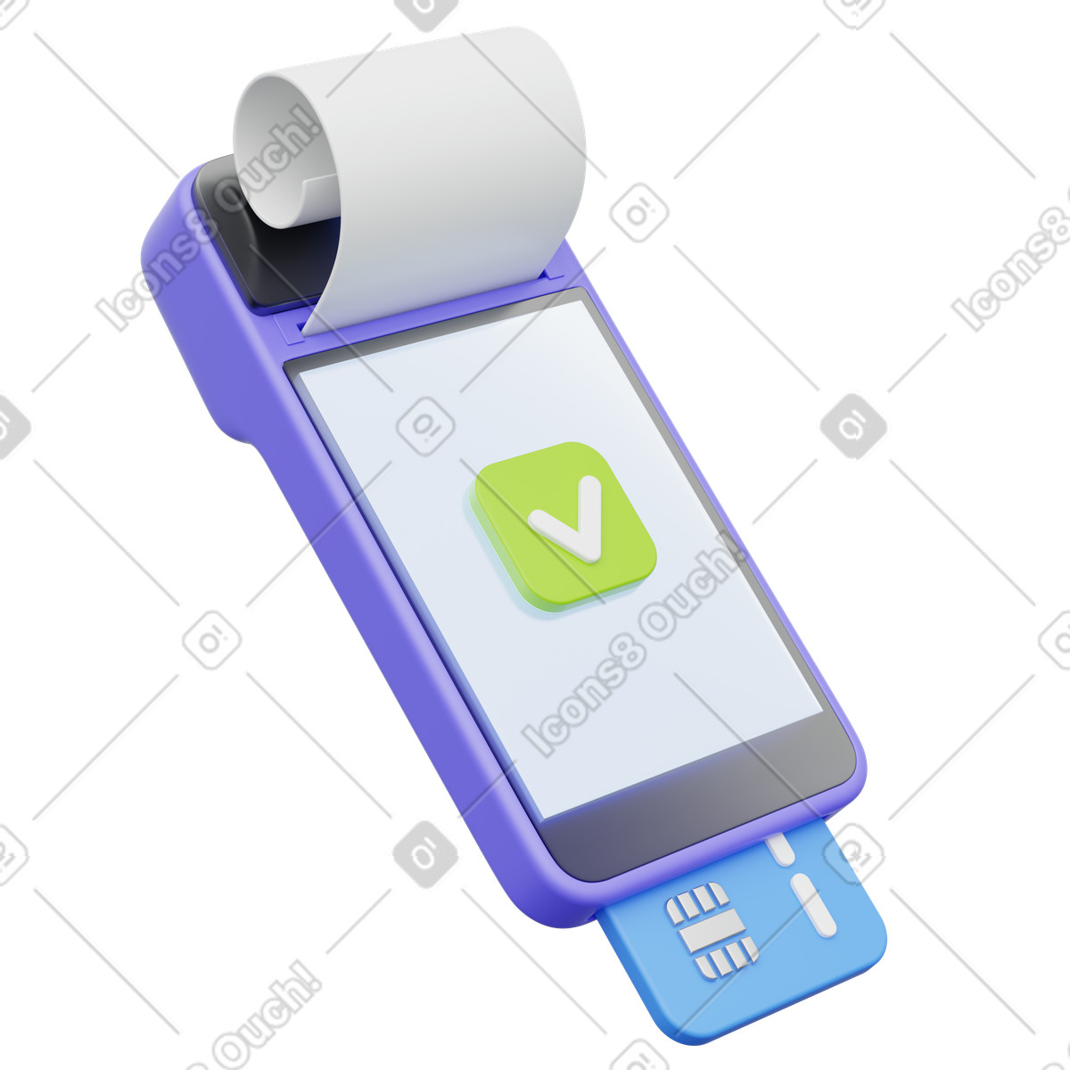 POS terminal card success, device with receipt green checkmark chip card, Approved payment illustration in 3D Playful style download in PNG, SVG
