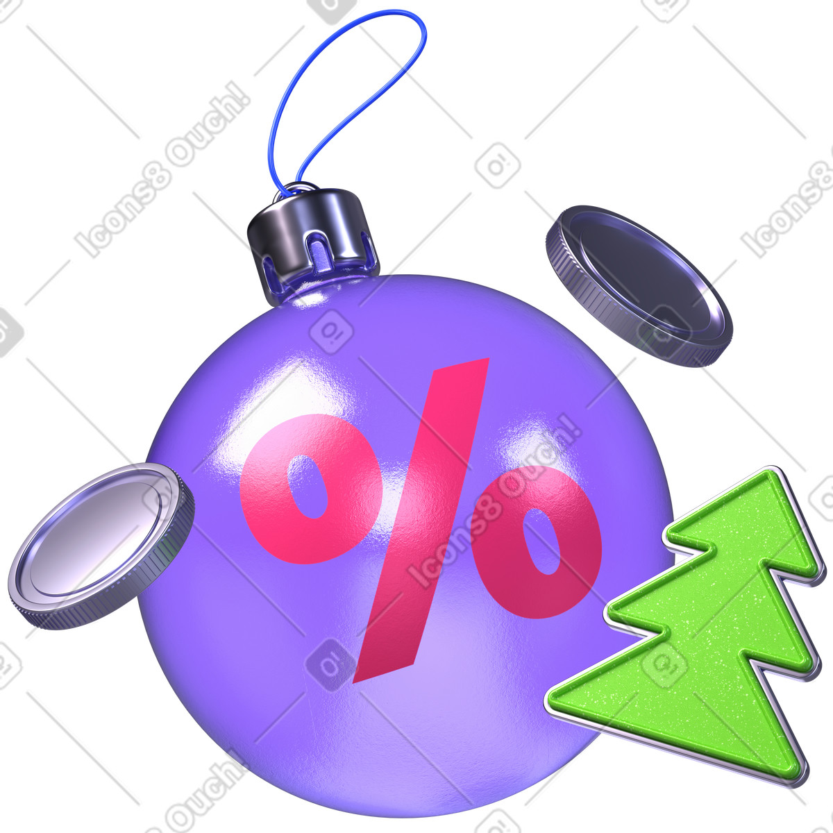 Ilustración Adorno navideño con símbolo de porcentaje y monedas, rebajas promociones navideñas en estilo 3D Boost a descargar en PNG SVG
