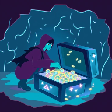 A hooded thief with a shadowy silhouette is crouched in a dark cave, surrounded by rough, rocky walls that glisten with moisture. The thief has a glint of excitement in their eyes as they examine a large, ornate chest that is partially open. The chest is filled with ancient treasures, including shimmering gold coins, colorful gemstones, and intricate artifacts that emit a soft, ethereal glow. Shadows dance across the cave as the luminous treasures cast flickering lights on the walls. The atmosphere is tense, hinting at the thrill of discovery and potential danger lurking in the darkness.