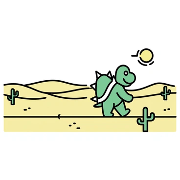 A large green turtle-like creature with a spiked shell, known as "Bowser," is walking across a vast desert landscape. The scene includes rolling sand dunes that stretch into the distance, creating a sense of depth. Sparse green cacti are scattered throughout the sandy terrain, their tall, slender forms contrasting with the golden sands. The sun is high in the sky, casting strong shadows and illuminating Bowser as he treks through this arid environment.