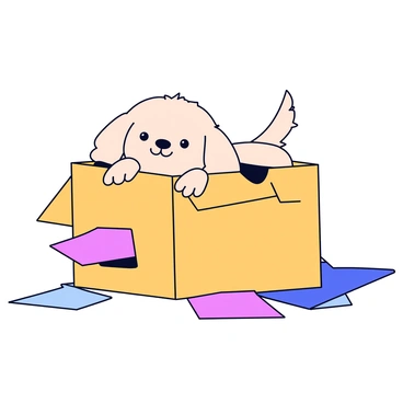 A small puppy with fluffy fur is peeking out from inside an open cardboard parcel. The puppy has bright, expressive eyes and its tail is wagging energetically, showing its excitement. The parcel is partially crumpled, with flaps open wide, surrounded by some colorful tissue paper that has spilled out. The setting is simple, focusing on the joyful expression of the puppy and the details of the parcel.