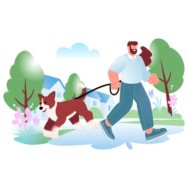 A happy dog on a leash leading its owner down a sunny neighborhood street
