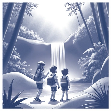A group of three adventurous children is exploring a dense jungle filled with tall trees and thick foliage. They are wearing light outdoor clothing and backpacks, which are slightly dusty from their trek. The children, consisting of a boy and two girls, are expressing excitement and curiosity as they approach a hidden waterfall. The waterfall cascades down smooth rocks into a clear pool below, surrounded by vibrant, tropical plants and flowers. Sunlight filters through the dense canopy above, creating dappled patterns on the ground. The scene captures the sense of wonder and discovery as the children gaze at the waterfall in awe.