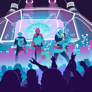 A vibrant live music concert featuring alien musicians with unique features, such as multiple limbs and bioluminescent skin. The band is energetically playing futuristic instruments that emit colorful lights and sound waves. The crowd consists of various humanoid figures, some with distinct facial patterns and colorful hairstyles, all enthusiastically cheering and dancing. The scene is filled with dynamic movement, as colored lights and holographic displays illuminate the venue, creating an electrifying atmosphere.