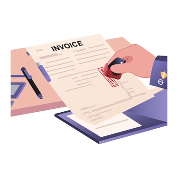 A close-up digital flat illustration showcasing a "shipping invoice" lying on a wooden desk. The invoice features detailed text and numeric data. A customs officer's hand, wearing a blue uniform with a badge, is seen stamping the invoice with a red ink stamp that reads "APPROVED." The background includes blurred office supplies like a pen and a clipboard, adding context to the scene. The officer's wristwatch is visible, indicating attention to detail in this professional setting.