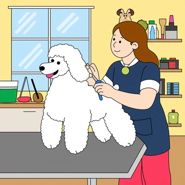 A poodle getting a stylish haircut at a pet grooming salon
