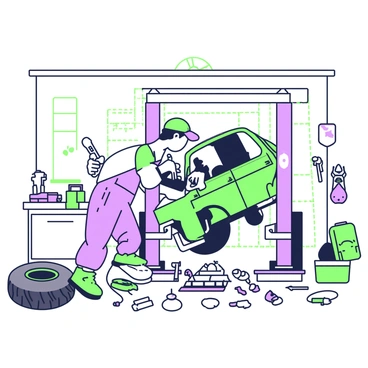 A mechanic working on a car in a small rural garage with tools scattered around