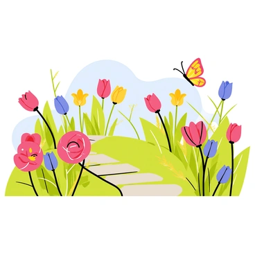 A vibrant garden filled with an array of colorful flowers, including red roses, yellow daisies, and blue tulips. Brightly colored butterflies with intricate patterns are fluttering around, gracefully landing on the flowers. A clear blue sky serves as the backdrop, enhancing the lively scene. A small stone pathway winds through the garden, inviting viewers to explore the blooming beauty.