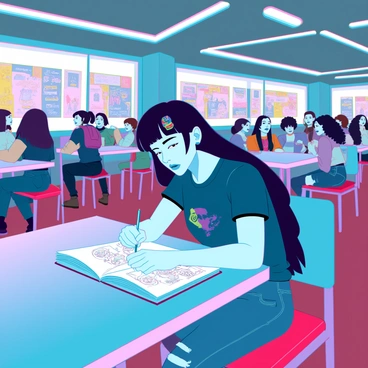 A teenage student with black hair styled in a side-swept fringe, wearing a band t-shirt and ripped jeans, is sitting alone at a table in a bustling school cafeteria. The student has pale skin and is focused intently on sketching in a well-worn notebook filled with drawings. Around them, groups of classmates are engaged in lively conversations, laughing, and eating. Bright fluorescent lights illuminate the cafeteria while colorful posters adorn the walls, creating a vibrant atmosphere that contrasts with the student's solitary demeanor. The notebook is open, revealing intricate sketches of characters and scenes that reflect the student's keen observation of their surroundings.