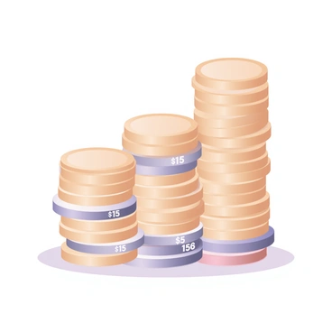 A digital flat illustration featuring a bar chart made of stacked coins. Each bar is composed of shiny gold, silver, and copper coins arranged in a vertical stack. The bars vary in height, representing the growth of "SudLife premium investments." The tallest bar is on the right, and each stack has a label indicating the amount of investment in numerical format at the base. A subtle shadow underneath each stack of coins enhances the three-dimensional appearance of the coins. The background is a light color to make the coin stacks stand out prominently.