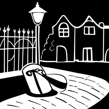 A yoga bag located on a cobblestone street, illuminated by the warm light of a streetlamp. The bag is resting against a wrought iron fence with intricate designs. The pavement is slightly damp, reflecting the glow from the lamp. Shadows cast by the streetlamp create patterns on the ground, enhancing the nighttime ambiance. The background features blurred silhouettes of trees and buildings, creating a sense of depth in the scene.