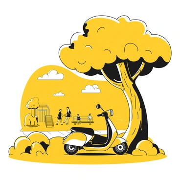 An electric scooter parked next to a large tree with a thick trunk and sprawling branches. The scooter is positioned on a paved path surrounded by well-maintained grass. In the background, there are people walking and enjoying the park, with some sitting on benches. A small playground can be seen to the side, with children playing. The sky is clear with a few clouds visible above the park. The sunlight filters through the leaves of the tree, casting dappled shadows on the ground.