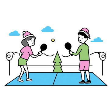 Two players on a pickleball court engaged in a match. One player, a woman with brown hair, wearing a red shirt and green shorts, is holding a pickleball paddle and preparing to serve. She has a festive "Santa hat" sitting atop her head. The other player, a man with short black hair, is wearing a green shirt and red shorts, poised to receive the ball, also sporting a "Santa hat." The court is surrounded by holiday decorations, including string lights and a small Christmas tree in the background. The sky is clear and blue, adding to the cheerful holiday atmosphere.