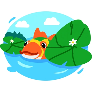 A colorful piranha with sharp teeth and bright scales is peeking through large, round lily pads in a pond. The lily pads are green and have delicate white flowers blooming on them. The water is clear, reflecting the surrounding greenery and sky. Sunlight dapples the surface of the pond, creating playful patterns. The piranha's eyes are curious and alert as it observes its environment.