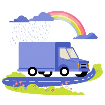 A bright blue parcel truck is driving along a winding road. The sky above is filled with both dark rain clouds and patches of sunlight breaking through. A vibrant rainbow spans across the horizon, connecting the stormy side of the sky with the sunny area. Rain droplets are visible on the windshield of the truck, while the road glistens from the recent rainfall. The landscape around the road features green grass and colorful flowers, enhancing the scene.