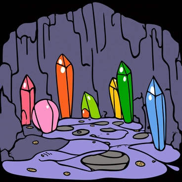A cavern with high ceilings and rugged stone walls, filled with large, shimmering crystals of various shapes and sizes. The crystals are radiating vibrant colors, casting reflections onto the rocky surfaces, creating a kaleidoscope of hues on the walls and ground. The atmosphere is illuminated by the light reflecting off the crystals, enhancing the beauty of the cavern. Small stalactites hang from the ceiling, and the ground is uneven with patches of glittering mineral deposits.