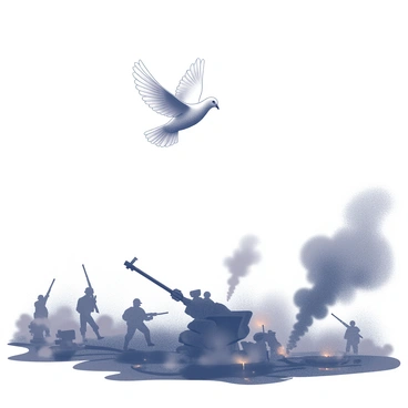 A white dove in flight above a chaotic battlefield. The scene depicts smoke rising from various points across the ground, with silhouettes of soldiers and debris scattered throughout. The dove is centered in the sky, wings spread wide, contrasting against the tumultuous environment below. Its flight path is upward, suggesting a movement toward hope and tranquility amidst the turmoil. The atmosphere conveys a sense of tension, with the dove serving as a clear symbol of peace in this dramatic setting.