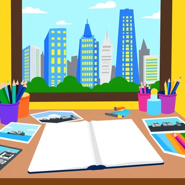 A vibrant cityscape illustration in progress, featuring tall skyscrapers with bright windows reflecting the sunlight. The buildings are diverse in design, showcasing modern and historical architecture. On the artist's desk, scattered reference photos of various city landmarks are visible, each photo depicting different angles and details of the buildings. The scene includes an assortment of art supplies, such as colored pencils and brushes, alongside an open sketchbook displaying the early stages of the cityscape drawing. Natural light filters in through a nearby window, illuminating the workspace.