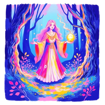 A powerful sorceress with long flowing hair stands in a dark, mystical forest. She is wearing an intricately designed robe adorned with shimmering symbols. In her outstretched hand, she holds a glowing orb, emitting rays of light. Around her, the trees are tall and twisted, their bark dark and gnarled. Wisps of ethereal light float through the air, illuminating the forest floor covered in vibrant green moss. The atmosphere is dense with enchantment, with shadows dancing around the sorceress as she casts her spells.