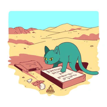 A teal cat with bright green eyes is exploring a vast desert landscape characterized by rolling sand dunes and scattered rocky formations. The sun casts sharp shadows on the golden sand, creating a warm glow across the scene. The cat is curiously sniffing around an ancient, partially buried stone tablet inscribed with mysterious symbols. Nearby, there are several weathered pottery shards and a small, ornate golden amulet partially peeking out of the sand. The sky above is a clear blue, adding to the sense of discovery and adventure in this arid environment.