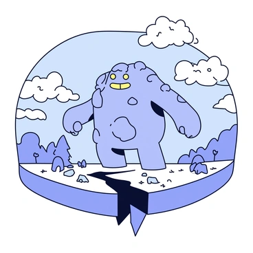 A giant creature with rocky skin and glowing eyes is emerging from a fault line in the ground. The fault line is cracked and jagged, with dust and debris scattered around. The creature's massive frame towers over the landscape, casting a large shadow. Surrounding the fault line are small trees and rocks, emphasizing the size of the giant creature. A dramatic sky looms above, filled with swirling clouds.