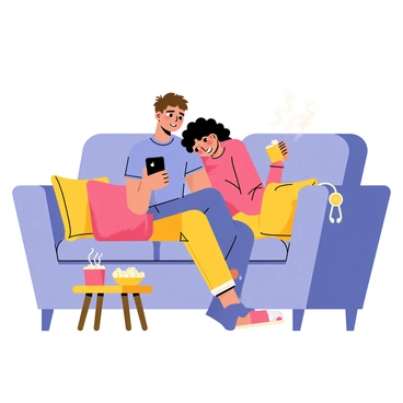 A couple sitting on a plush gray couch, leaning close to each other while enjoying music. The male partner has short brown hair, wearing a blue t-shirt, and is holding a phone with music playing. The female partner has long curly black hair, wearing a cozy pink sweater, and has her head resting on his shoulder. Soft cushions are arranged around them, and a small wooden coffee table in front holds a steaming mug and a bowl of popcorn. A pair of headphones is draped over the arm of the couch. The room is warmly lit, adding a cozy atmosphere to their intimate moment.