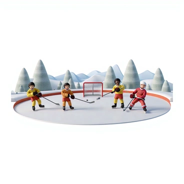 A group of young athletes playing hockey on an outdoor rink in Canada. They are wearing colorful protective gear, including helmets, shoulder pads, and shin guards. The players are engaged in a game, with one boy skating swiftly while handling a stick, aiming to score a goal. Another player is positioned in front of the net, ready to block the puck. The surrounding area features snow-covered trees and the faint outline of a distant mountain range. The scene captures the excitement of youth sports while emphasizing the importance of safety in athletic activities.