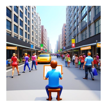 An artist sitting on a stool, intently sketching in their open sketchbook. The artist has short brown hair and is wearing a light blue shirt. The bustling city street is filled with various people walking, some holding shopping bags and others chatting. Tall buildings line the background with large windows reflecting the sunlight. A yellow taxi cab is driving by, and street vendors are setting up their stalls. Colorful street signs and advertisements are visible in the scene.