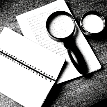 A detective's toolkit is neatly laid out on a wooden table. The toolkit includes a "magnifying glass" with a polished handle, positioned beside a "notebook" that is open, revealing pages filled with handwritten notes. Next to these items sits a small container of "fingerprint powder," its lid slightly ajar, with the fine powder visible inside. The table has a subtle grain, adding texture to the scene. Each item is placed methodically, showcasing the tools of a detective ready for investigation.