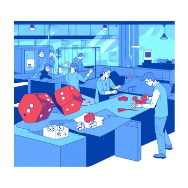 A blue factory assembly line is busy producing various sizes of dice. The assembly line includes multiple stations where workers are focused on their tasks. At the beginning of the line, large red dice are being molded, while smaller white dice are being painted at another station. Some workers are busy packing completed dice into transparent boxes for shipping. Overhead, bright lights illuminate the scene, highlighting the organized chaos of the production process.