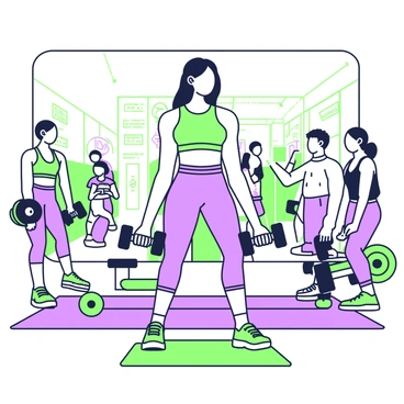 A woman with long hair is engaged in a dumbbell bent over row exercise in a bustling gym. She is wearing a fitted workout top and athletic leggings. Her posture is proper, with her back straight and knees slightly bent as she holds a dumbbell in each hand. Surrounding her, various people are exercising, including a man lifting weights nearby and another person using a treadmill. Brightly colored gym equipment is scattered throughout the background, and large mirrors reflect the busy atmosphere of the gym. The floor is covered with gym mats, and motivational posters are visible on the walls.