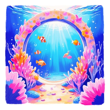 An underwater portal with a circular opening is surrounded by an array of vibrant coral in shades of pink, orange, and purple. Colorful fish, including clownfish and angelfish, swim gracefully around the entrance of the portal. Sunlight filters down through the water, creating sparkling reflections on the surface. The sandy ocean floor is visible beneath the portal, dotted with small pebbles and seaweed. Bubbles rise from the portal, adding to the enchanting atmosphere of this underwater scene.