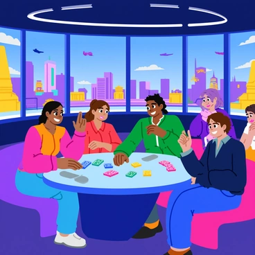 A modern setting featuring a sleek table with holographic mahjong tiles floating above its surface. The tiles are brightly colored and display intricate designs that glow softly. Surrounding the table are diverse players engaged in the game, their expressions focused and excited. The background includes futuristic architecture with large windows showing a vibrant cityscape filled with neon lights and flying vehicles. The atmosphere is lively, highlighting the blend of tradition and innovation in this futuristic mahjong scene.
