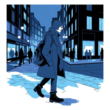 A vagabond dressed in a tattered coat and worn-out boots is wandering through the dimly lit streets of a bustling city at night. The cobblestone road is glistening with reflections from nearby street lamps casting a warm glow. Tall buildings with various window displays are visible in the background, some showing people enjoying their evening inside. The vagabond is carrying a small, shabby backpack and looking around, taking in the vibrant nightlife. Shadowy figures of pedestrians can be seen walking by, while a faint mist hangs in the air.