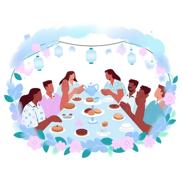 A vibrant garden is filled with a variety of colorful flowers, including roses, daisies, and sunflowers. In the center, a beautifully arranged table is set with an array of fine china tea cups, a tiered stand filled with assorted pastries, and a large teapot. Guests are seated around the table, engaged in lively conversation and laughter. Some guests are wearing floral-patterned dresses and others in light summer shirts, adding to the festive atmosphere. Above them, decorative paper lanterns are strung between trees, casting soft shadows over the scene.