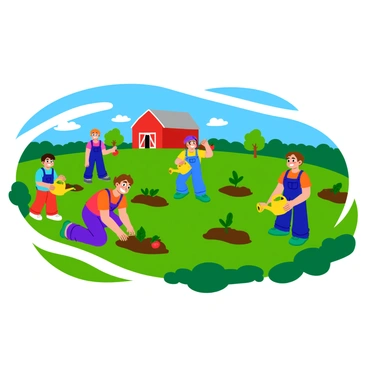A group of children playing in a bright green farm field. There are five children, each wearing colorful clothing, engaged in various activities. One child is planting seeds in a small row, while another is watering plants with a yellow watering can. Two children are picking ripe vegetables, showing big smiles on their faces. In the background, a red barn and a blue sky with fluffy white clouds can be seen. The scene is filled with vibrant colors and a sense of joy in learning about agriculture.