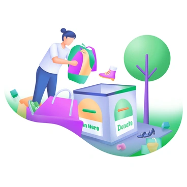 A modern pastel illustration depicting a person wearing casual clothing, gently placing a bundle of colorful clothes into a "Community Charity Drop-Off" box. The box is prominently designed with a cheerful graphic and the words "Donate Here" in bold letters. Surrounding the drop-off box are various items such as shoes, toys, and bags, illustrating the spirit of giving. Trees and a sidewalk are visible in the background, adding to the community setting.