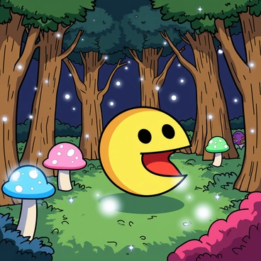 A round yellow character, resembling Pac-Man, is moving through a vibrant magical forest maze. The maze is formed by tall, whimsical trees with twisted trunks and shimmering leaves. Glowing mushrooms in various colors, including blue, pink, and green, dot the forest floor, casting a soft light. The character is in mid-motion, with its mouth open, as if about to consume a glowing pellet. The background features a mix of richly colored foliage and sparkling fairy lights floating in the air. A few small cartoonish creatures peek out from behind the trees, adding to the enchanted atmosphere.
