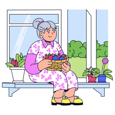 An elderly grandmother with gray hair tied back in a bun sits on a wooden porch. She is wearing a floral dress and has a gentle smile. In her lap, she holds a woven basket filled with an assortment of freshly picked berries, including strawberries, blueberries, and raspberries. The porch has a rustic appearance with a few potted plants nearby, and a view of a green garden in the background.