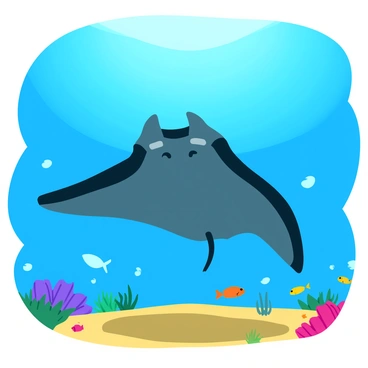A giant manta ray gliding through the clear blue ocean water. The manta ray has wide, graceful wings stretched out, displaying intricate patterns on its surface. Sunlight filters down from the surface, illuminating the water and creating a beautiful play of light and shadow. Below, the sandy seabed is visible, with a pronounced shadow cast by the manta ray. Small fish can be seen swimming around the manta ray, adding a sense of life to the scene. Coral formations and sea plants are also present on the seabed, enhancing the underwater environment.